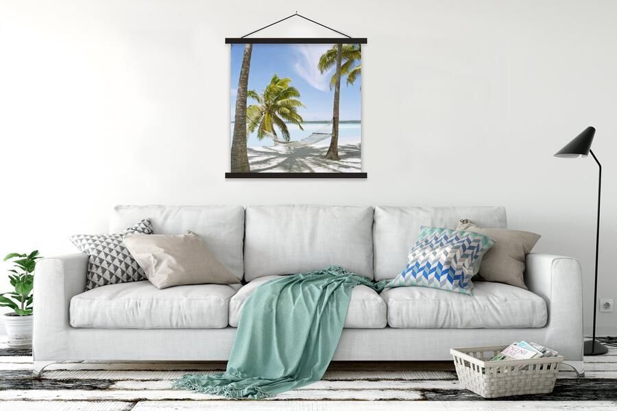 TextilePosters Posterhanger incl. Poster 120x120 cm Schoolplaat Palmboom Hangmat Zand Textielposter Zwarte latten - Foto 2