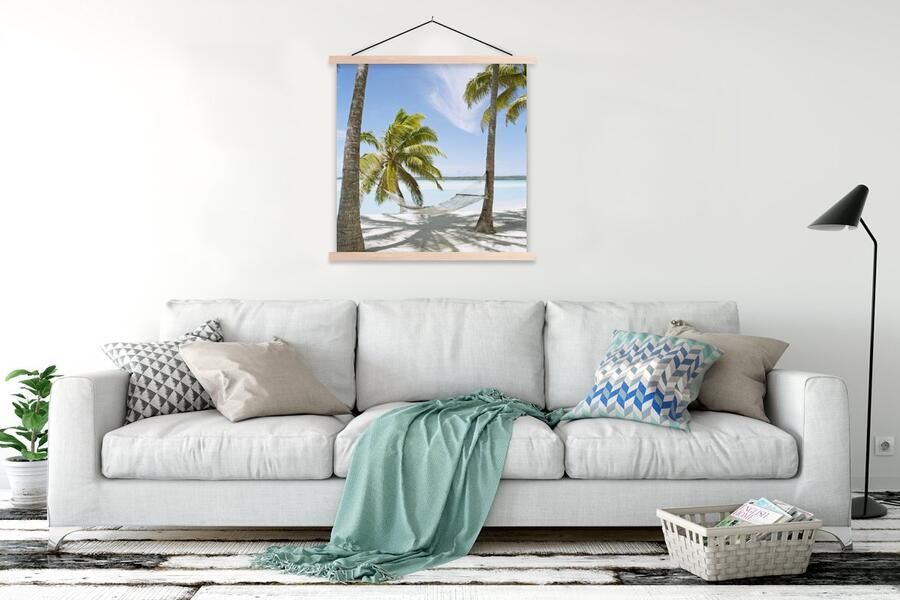 TextilePosters Posterhanger incl. Poster 120x120 cm Schoolplaat Palmboom Hangmat Zand Textielposter Blanke latten - Foto 2