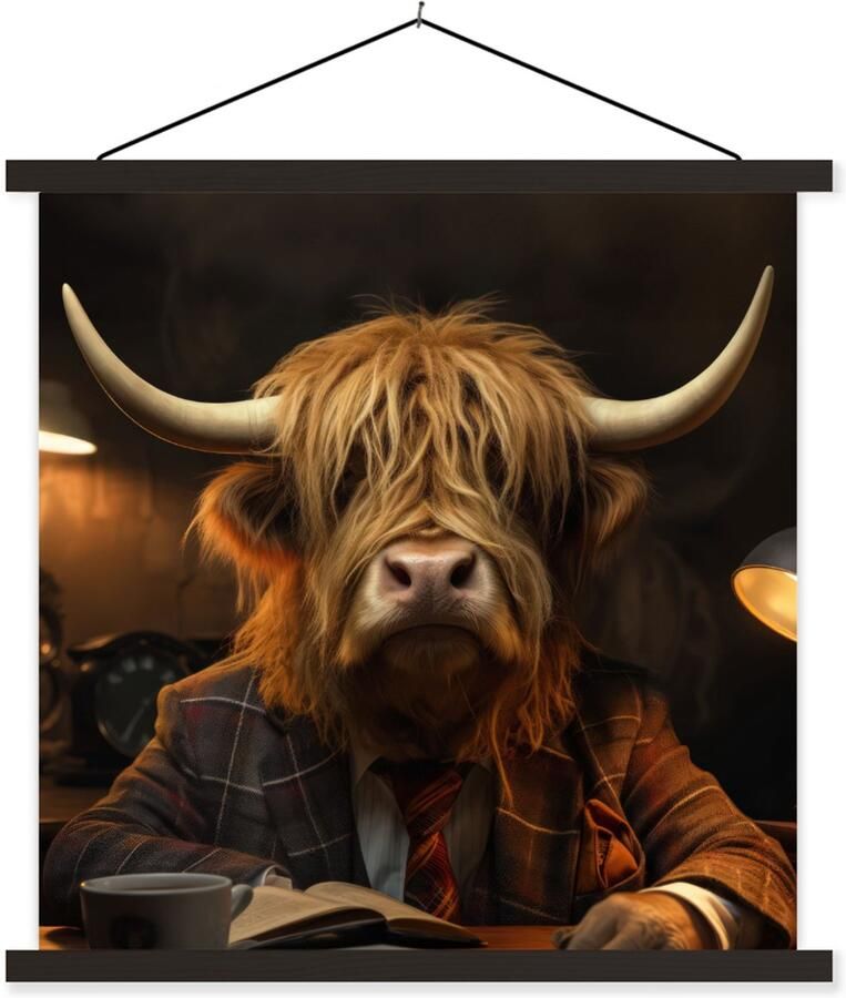 TextilePosters Posterhanger incl. Poster 90x90 cm Schoolplaat Schotse hooglander Dier Pak Bureau Textielposter Zwarte latten