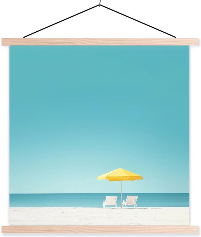 TextilePosters Posterhanger incl. Poster 60x60 cm Schoolplaat Strand Blauwe lucht Geel Parasol Textielposter Blanke latten