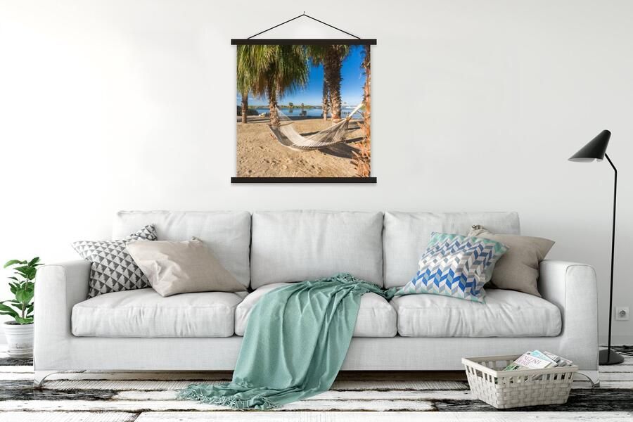 TextilePosters Posterhanger incl. Poster 120x120 cm Schoolplaat Strand Hangmat Relax Textielposter Zwarte latten - Foto 2