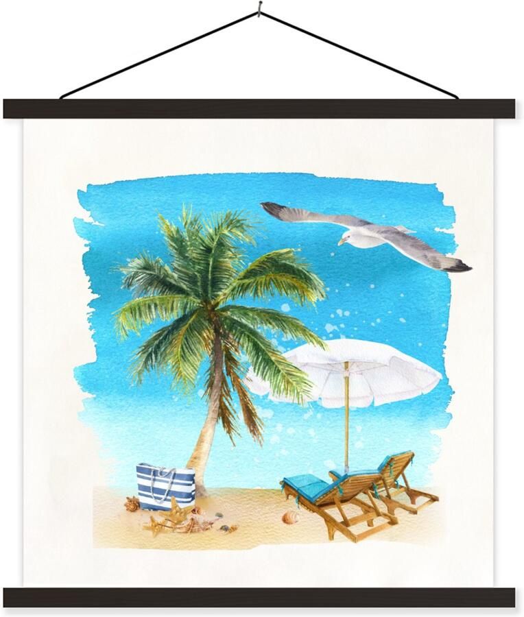 TextilePosters Posterhanger incl. Poster 120x120 cm Schoolplaat Strandstoel Parasol Palmboom Textielposter Zwarte latten