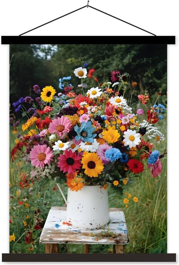 TextilePosters Posterhanger incl. Poster 40x53 cm Schoolplaat Bloemen Krukje Gieter Veld Textielposter Zwarte latten