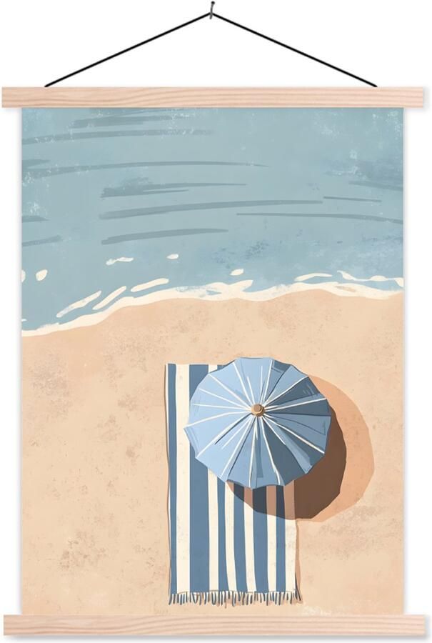 TextilePosters Posterhanger incl. Poster 60x80 cm Schoolplaat Strandlaken Strepen Parasol Strand Textielposter Blanke latten