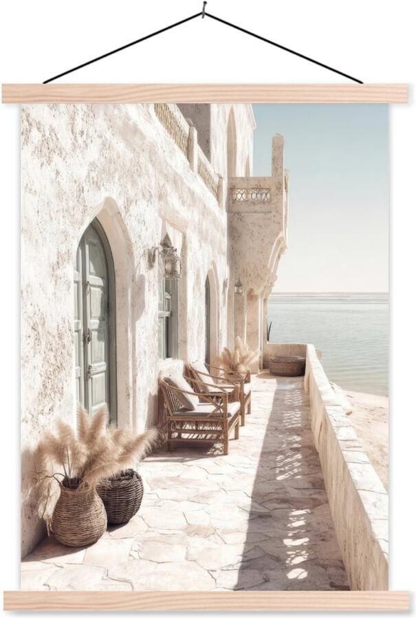 TextilePosters Posterhanger incl. Poster 60x80 cm Schoolplaat Terras Stoelen Strand Beige Textielposter Blanke latten