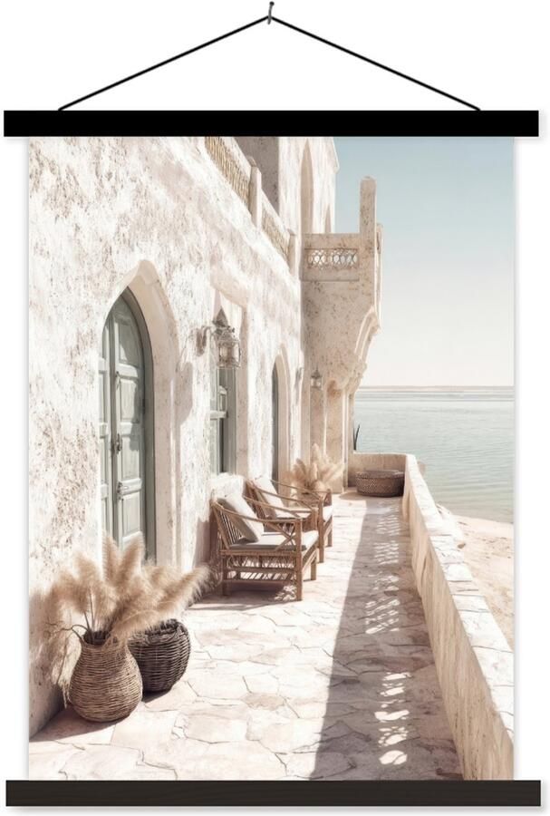 TextilePosters Posterhanger incl. Poster 60x80 cm Schoolplaat Terras Stoelen Strand Beige Textielposter Zwarte latten