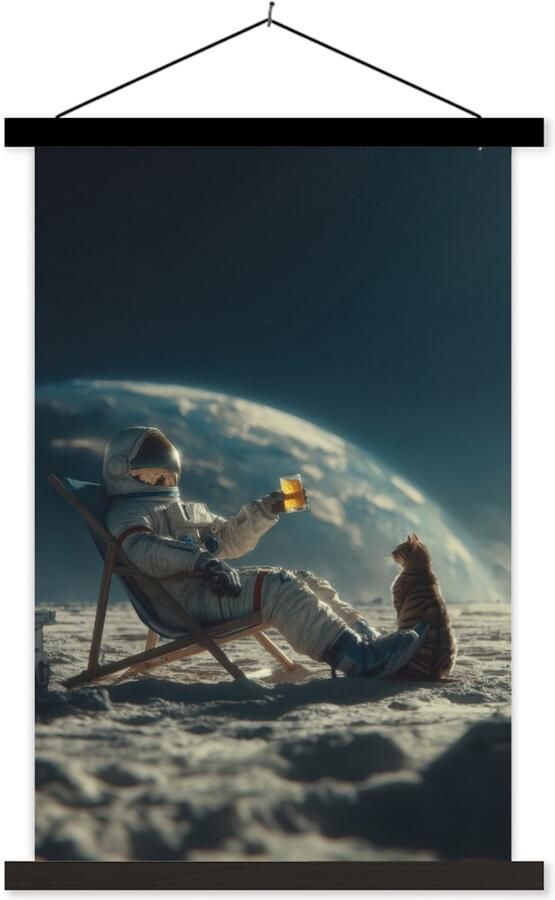 TextilePosters Posterhanger incl. Poster 40x60 cm Schoolplaat Astronaut Kat Glas Stoel Textielposter Zwarte latten