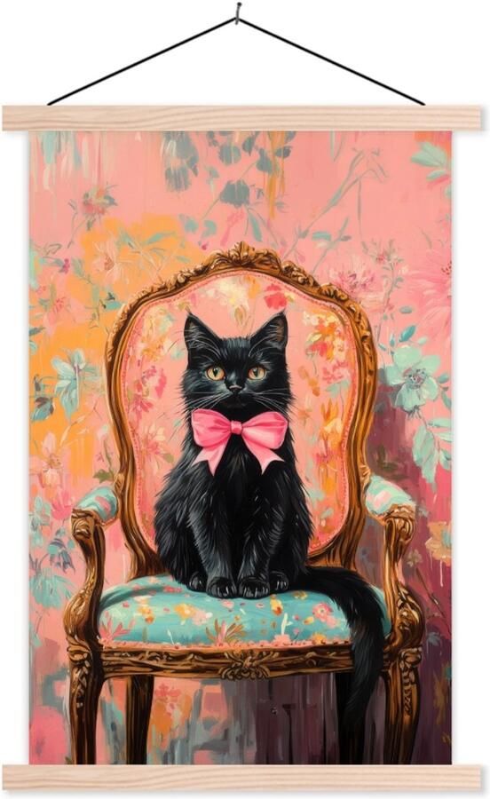 TextilePosters Posterhanger incl. Poster 40x60 cm Schoolplaat Kat Roze Stoel met bloemenmotief Textielposter Blanke latten