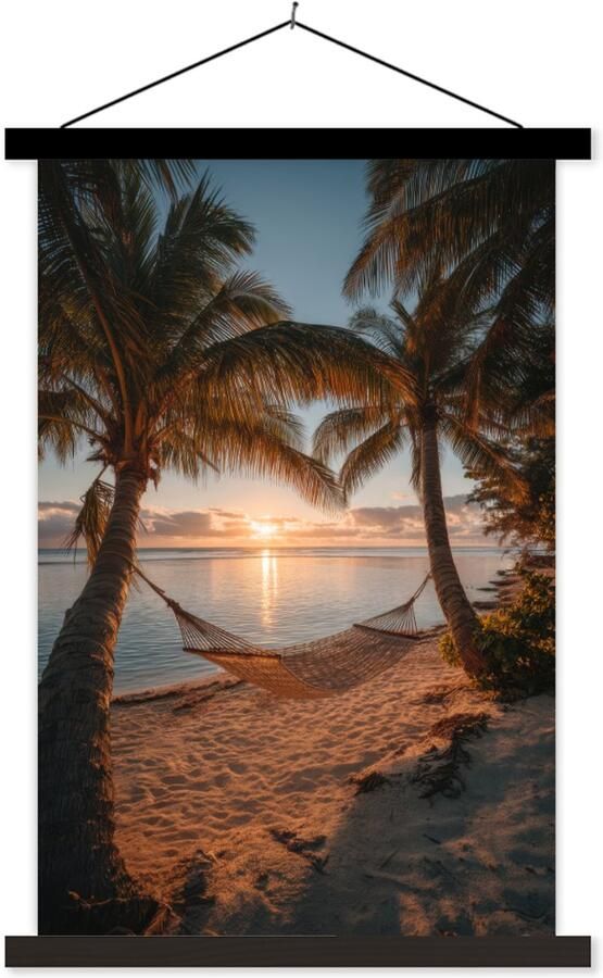 TextilePosters Posterhanger incl. Poster 60x90 cm Schoolplaat Palmbomen Hangmat Strand Zonsondergang Textielposter Zwarte latten