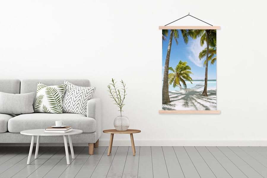 TextilePosters Posterhanger incl. Poster 120x180 cm Schoolplaat Palmboom Hangmat Zand Textielposter Blanke latten - Foto 2