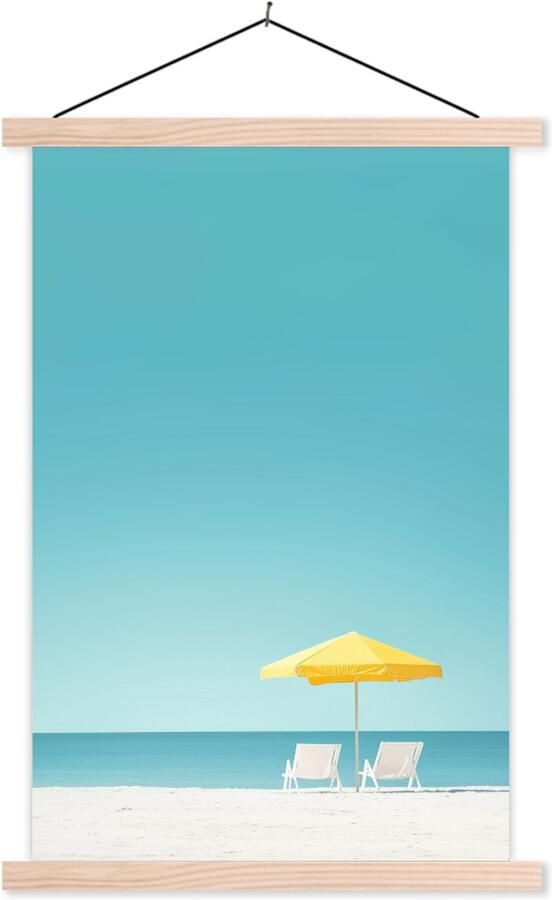 TextilePosters Posterhanger incl. Poster 120x180 cm Schoolplaat Strand Blauwe lucht Geel Parasol Textielposter Blanke latten
