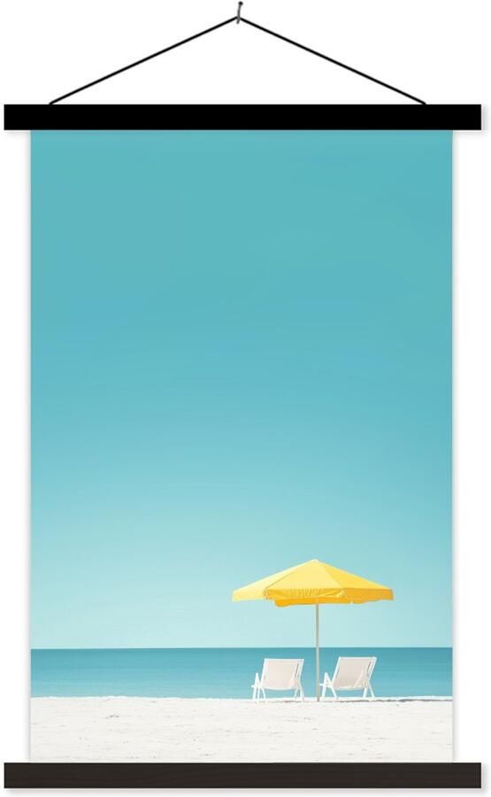 TextilePosters Posterhanger incl. Poster 120x180 cm Schoolplaat Strand Blauwe lucht Geel Parasol Textielposter Zwarte latten