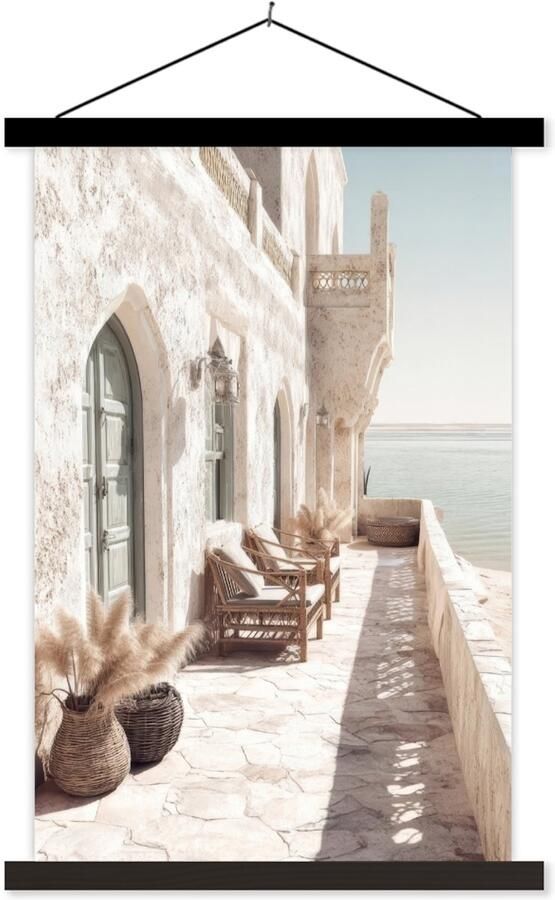 TextilePosters Posterhanger incl. Poster 40x60 cm Schoolplaat Terras Stoelen Strand Beige Textielposter Zwarte latten