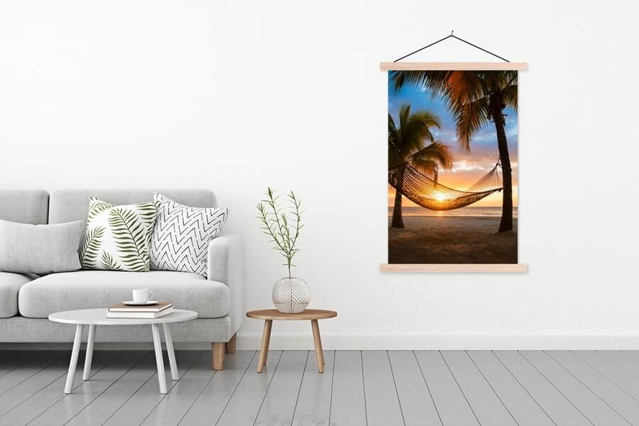 TextilePosters Posterhanger incl. Poster 120x180 cm Schoolplaat Zonsondergang Hangmat Palmboom Textielposter Blanke latten - Foto 2