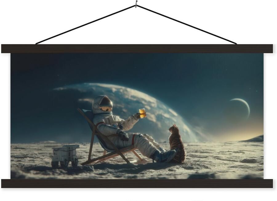 TextilePosters Posterhanger incl. Poster 120x60 cm Schoolplaat Astronaut Kat Glas Stoel Textielposter Zwarte latten