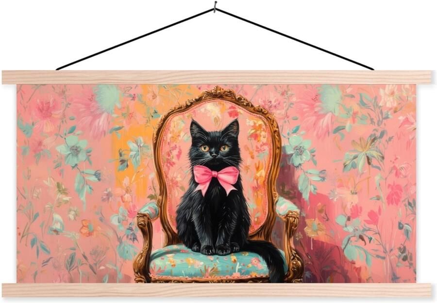 TextilePosters Posterhanger incl. Poster 120x60 cm Schoolplaat Kat Roze Stoel met bloemenmotief Textielposter Blanke latten