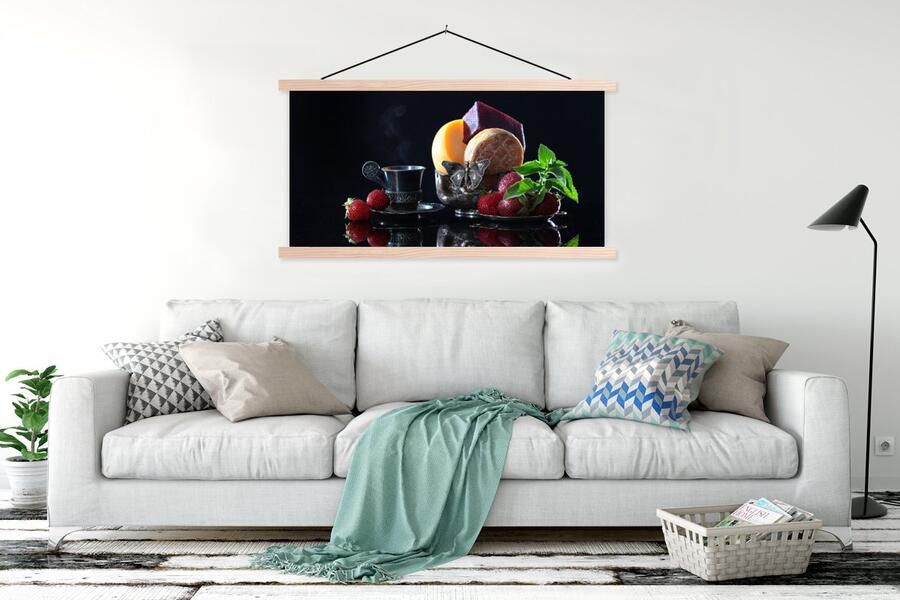 TextilePosters Posterhanger incl. Poster 120x60 cm Schoolplaat Rustiek Fruit Kaas Tafel Stilleven Textielposter Blanke latten - Foto 2