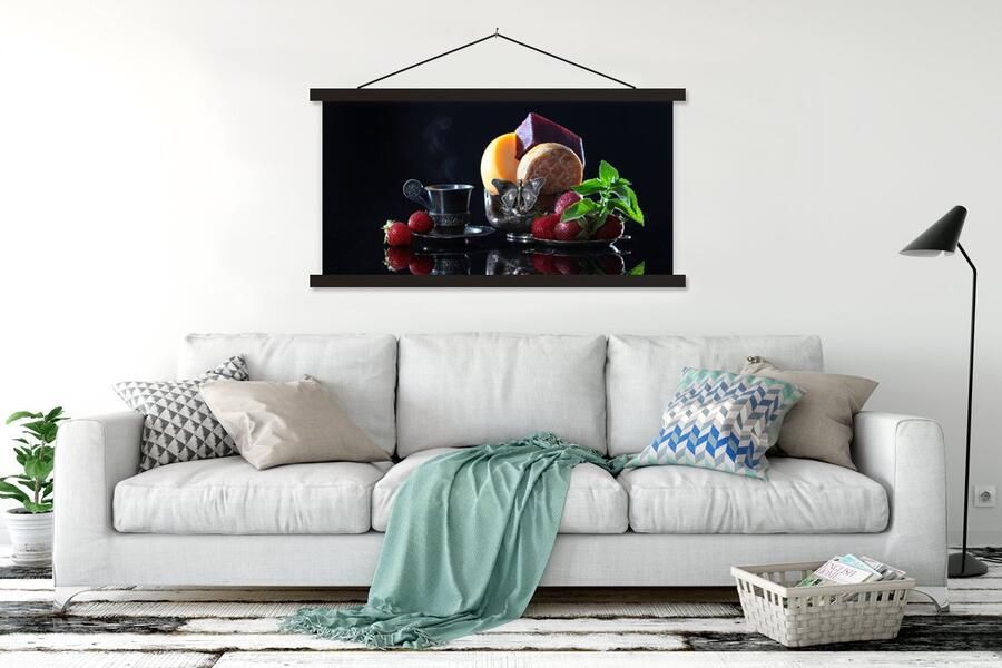 TextilePosters Posterhanger incl. Poster 120x60 cm Schoolplaat Rustiek Fruit Kaas Tafel Stilleven Textielposter Zwarte latten - Foto 2