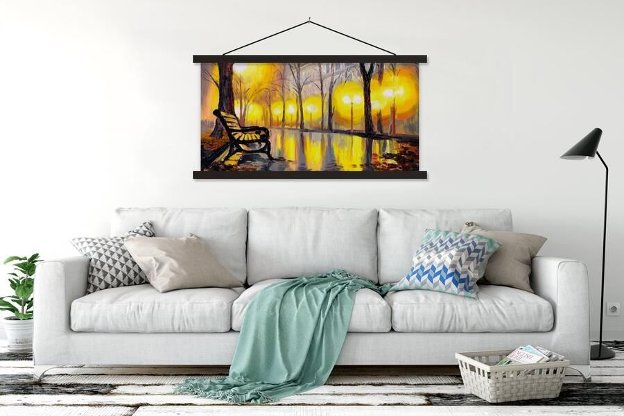 TextilePosters Posterhanger incl. Poster 120x60 cm Schoolplaat Schilderij Bank Water Licht Olieverf Textielposter Zwarte latten - Foto 2