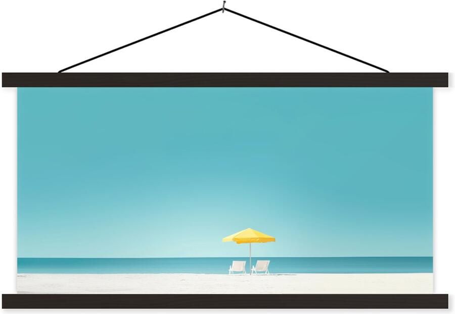 TextilePosters Posterhanger incl. Poster 150x75 cm Schoolplaat Strand Blauwe lucht Geel Parasol Textielposter Zwarte latten