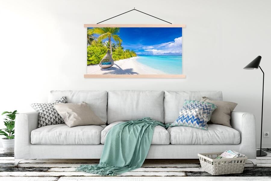 TextilePosters Posterhanger incl. Poster 120x60 cm Schoolplaat Strand Palmboom Hangstoel Textielposter Blanke latten - Foto 2