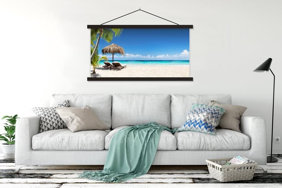 TextilePosters Posterhanger incl. Poster 150x75 cm Schoolplaat Strand Parasol Zee Textielposter Zwarte latten - Foto 2