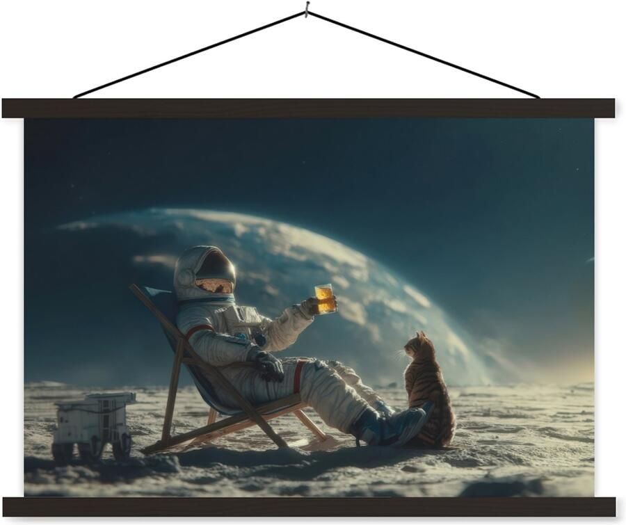 TextilePosters Posterhanger incl. Poster 90x60 cm Schoolplaat Astronaut Kat Glas Stoel Textielposter Zwarte latten