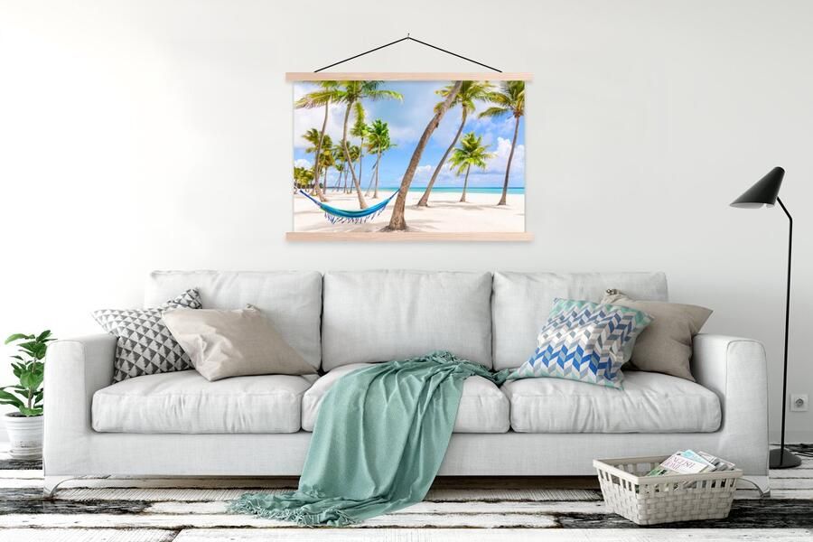 TextilePosters Posterhanger incl. Poster 120x80 cm Schoolplaat Hangmat Strand Palmbomen Textielposter Blanke latten - Foto 2