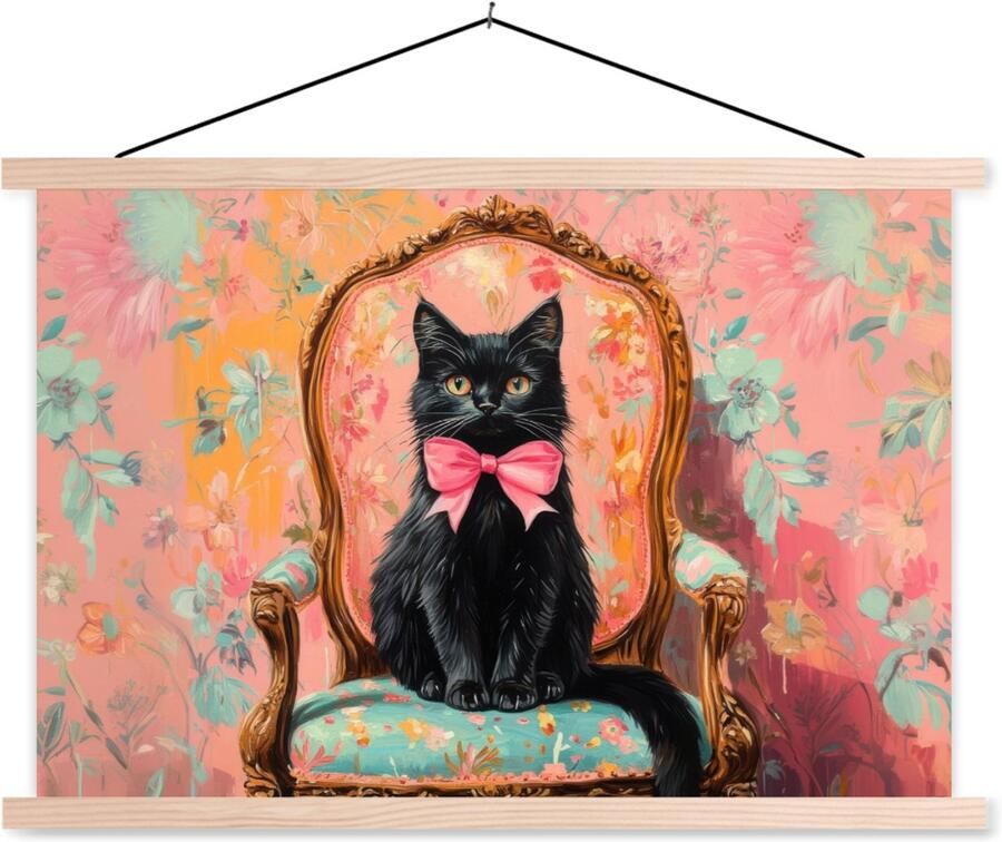 TextilePosters Posterhanger incl. Poster 60x40 cm Schoolplaat Kat Roze Stoel met bloemenmotief Textielposter Blanke latten