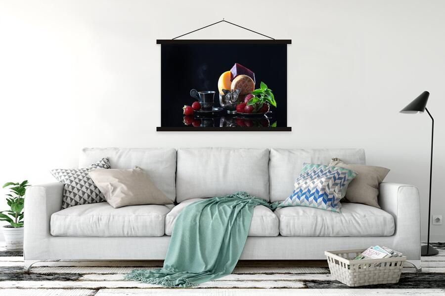 TextilePosters Posterhanger incl. Poster 120x80 cm Schoolplaat Rustiek Fruit Kaas Tafel Stilleven Textielposter Zwarte latten - Foto 2