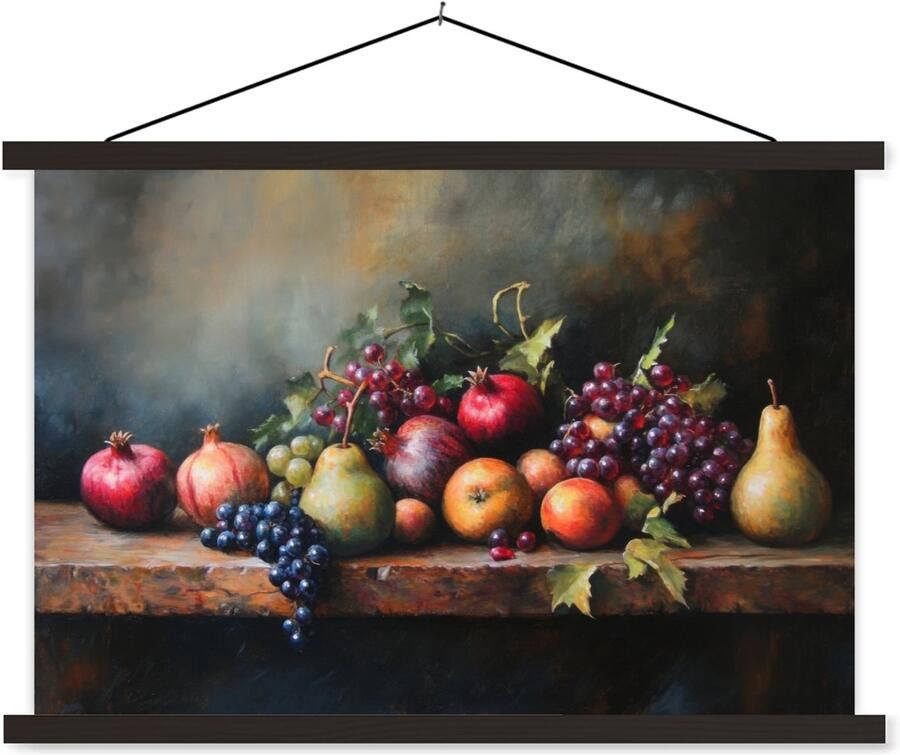 TextilePosters Posterhanger incl. Poster 90x60 cm Schoolplaat Rustiek Stilleven Fruit Textielposter Zwarte latten