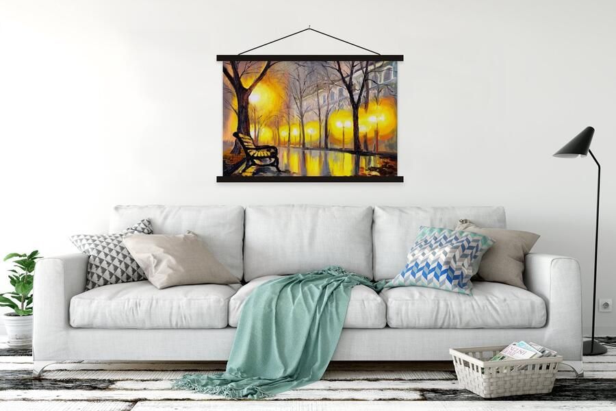 TextilePosters Posterhanger incl. Poster 120x80 cm Schoolplaat Schilderij Bank Water Licht Olieverf Textielposter Zwarte latten - Foto 2