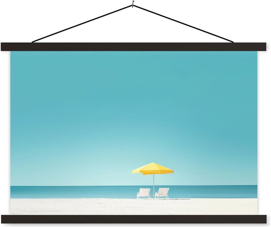 TextilePosters Posterhanger incl. Poster 60x40 cm Schoolplaat Strand Blauwe lucht Geel Parasol Textielposter Zwarte latten