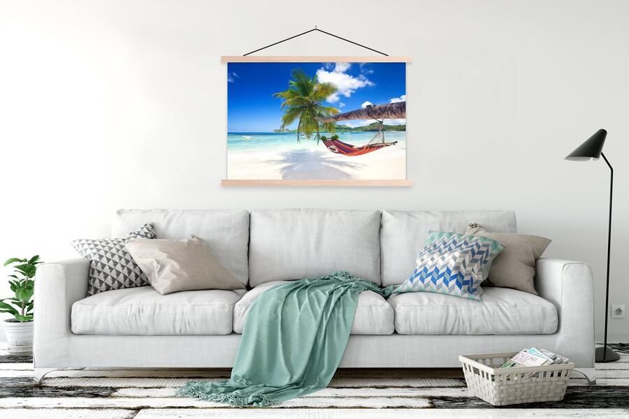 TextilePosters Posterhanger incl. Poster 120x80 cm Schoolplaat Strand Hangmat Zee Palmboom Textielposter Blanke latten - Foto 2
