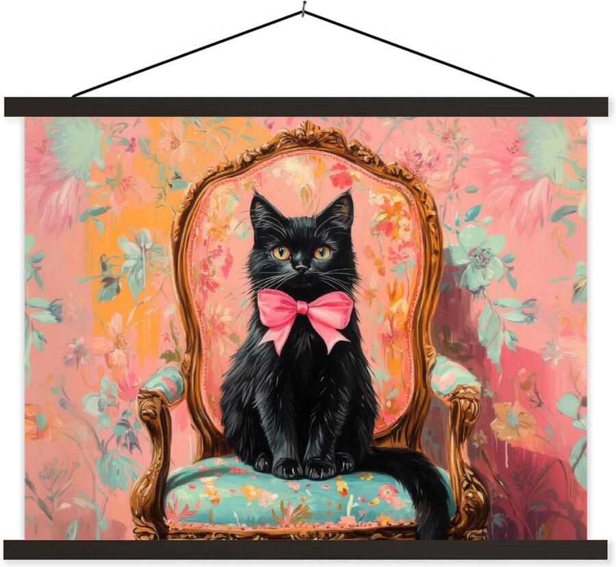 TextilePosters Posterhanger incl. Poster 120x90 cm Schoolplaat Kat Roze Stoel met bloemenmotief Textielposter Zwarte latten