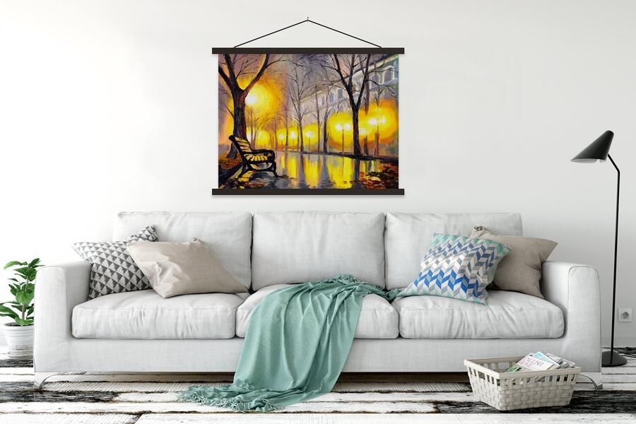 TextilePosters Posterhanger incl. Poster 120x90 cm Schoolplaat Schilderij Bank Water Licht Olieverf Textielposter Zwarte latten - Foto 2