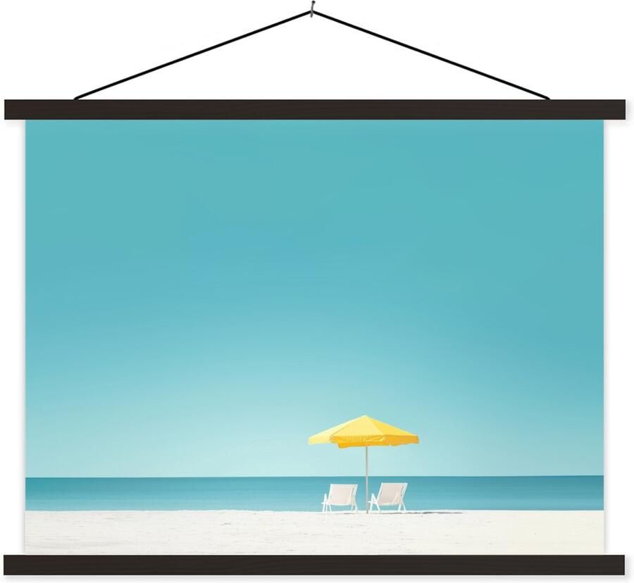 TextilePosters Posterhanger incl. Poster 120x90 cm Schoolplaat Strand Blauwe lucht Geel Parasol Textielposter Zwarte latten
