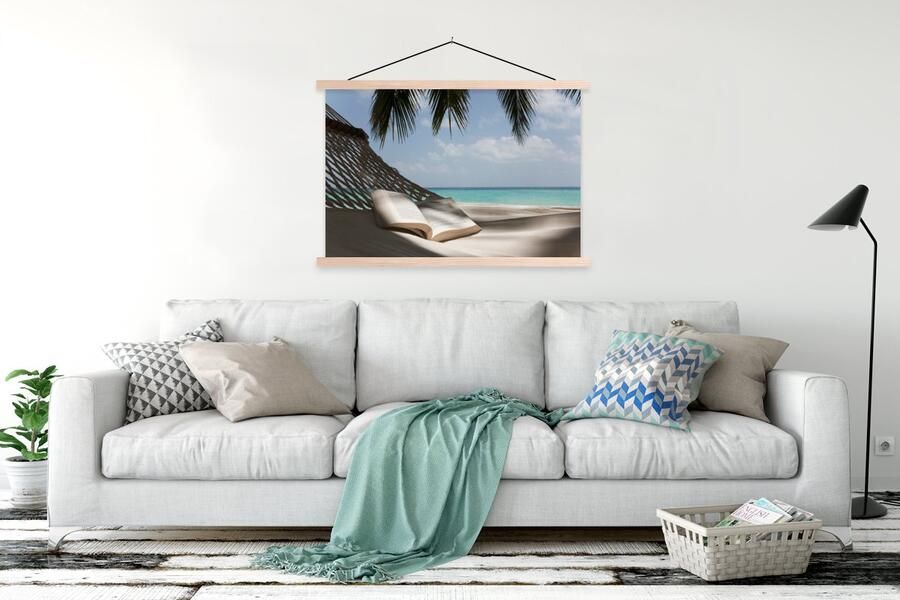 TextilePosters Posterhanger incl. Poster 120x80 cm Schoolplaat Hangmat Boek Strand Textielposter Blanke latten - Foto 2