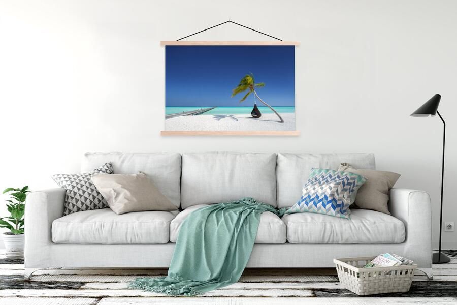 TextilePosters Posterhanger incl. Poster 150x100 cm Schoolplaat Hangmat Palmboom Strand Textielposter Blanke latten - Foto 2