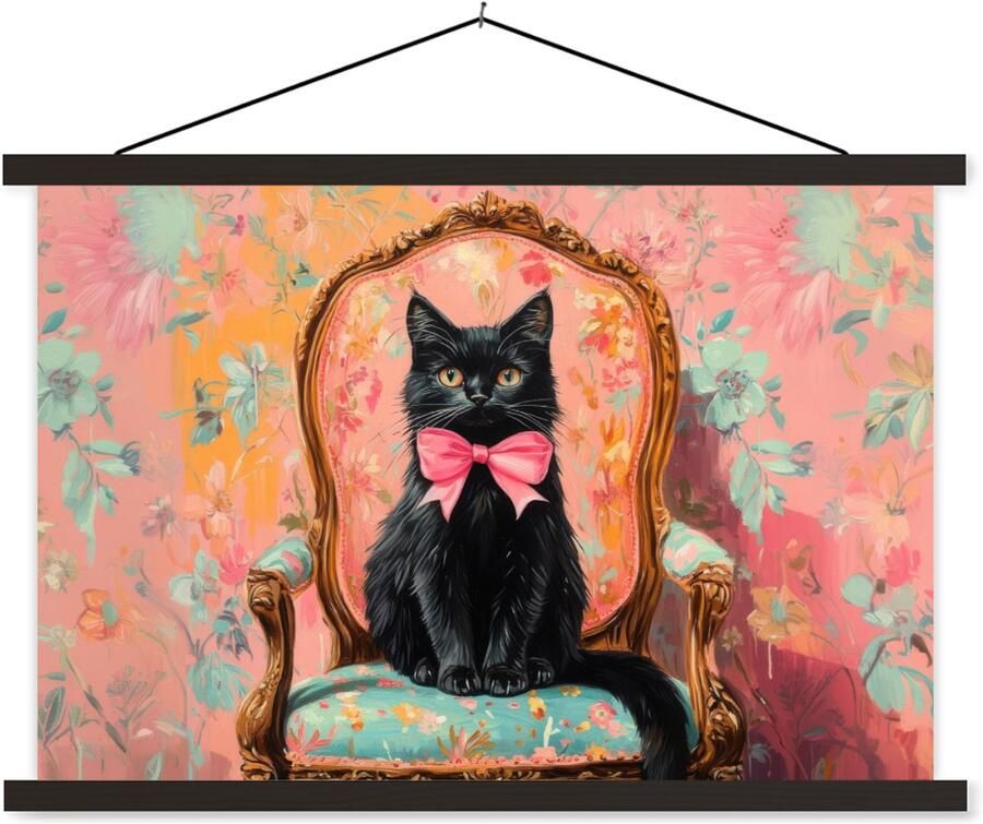 TextilePosters Posterhanger incl. Poster 60x40 cm Schoolplaat Kat Roze Stoel met bloemenmotief Textielposter Zwarte latten