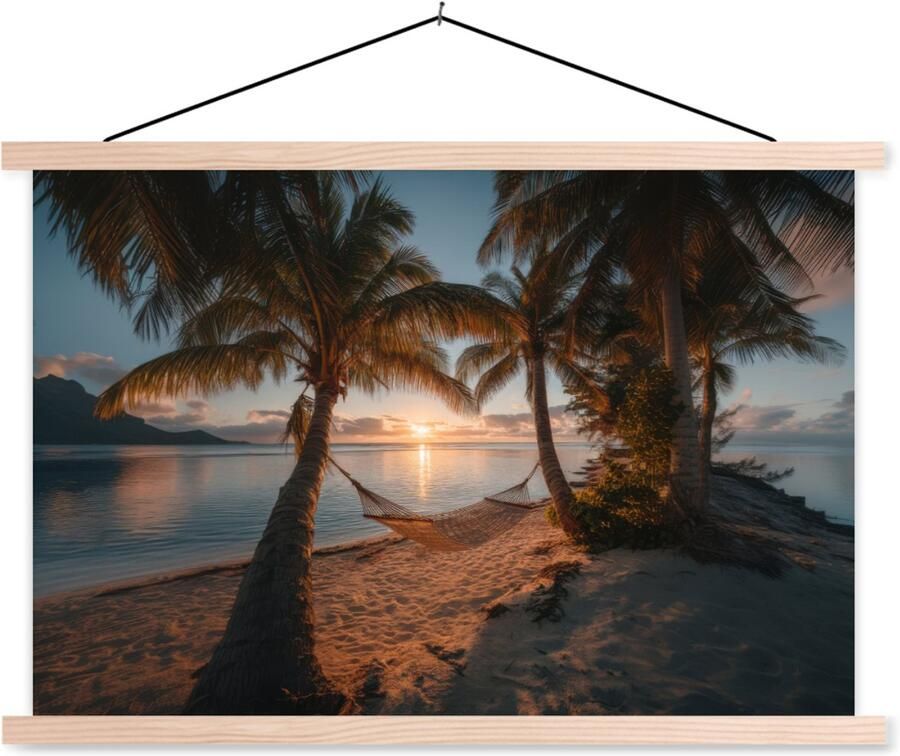 TextilePosters Posterhanger incl. Poster 60x40 cm Schoolplaat Palmbomen Hangmat Strand Zonsondergang Textielposter Blanke latten