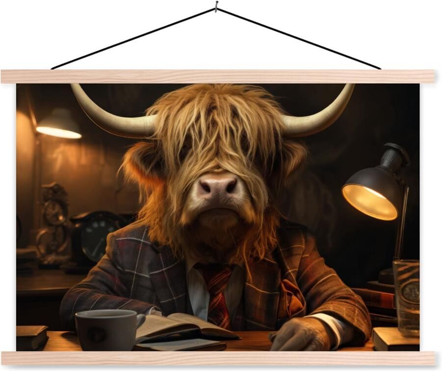 TextilePosters Posterhanger incl. Poster 90x60 cm Schoolplaat Schotse hooglander Dier Pak Bureau Textielposter Blanke latten