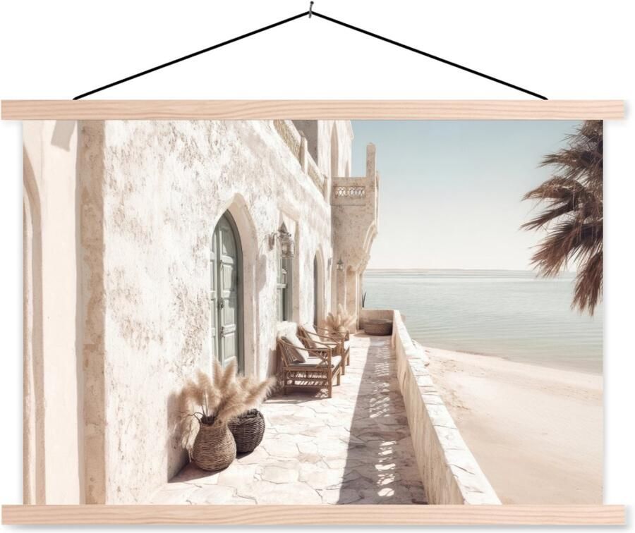 TextilePosters Posterhanger incl. Poster 90x60 cm Schoolplaat Terras Stoelen Strand Beige Textielposter Blanke latten