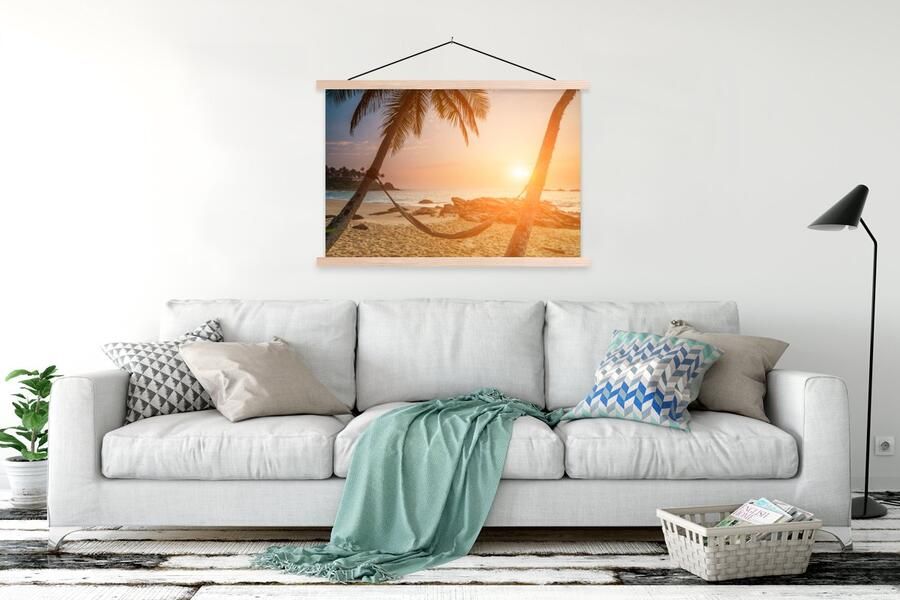 TextilePosters Posterhanger incl. Poster 150x100 cm Schoolplaat Zomer Zonsondergang Hangmat Textielposter Blanke latten - Foto 2