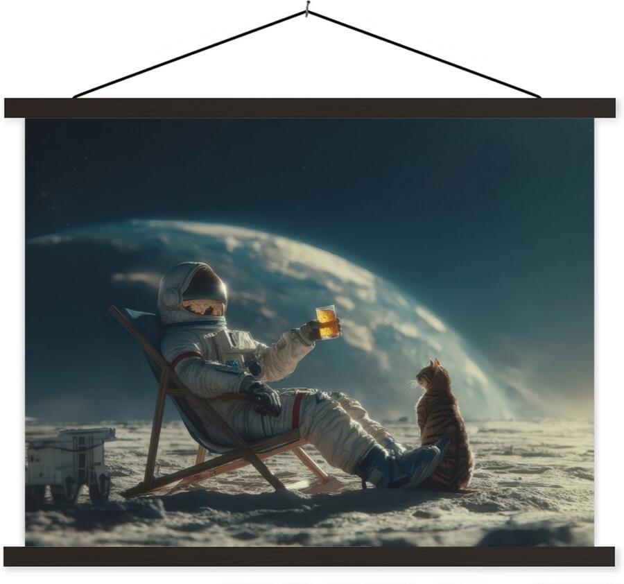 TextilePosters Posterhanger incl. Poster 150x113 cm Schoolplaat Astronaut Kat Glas Stoel Textielposter Zwarte latten