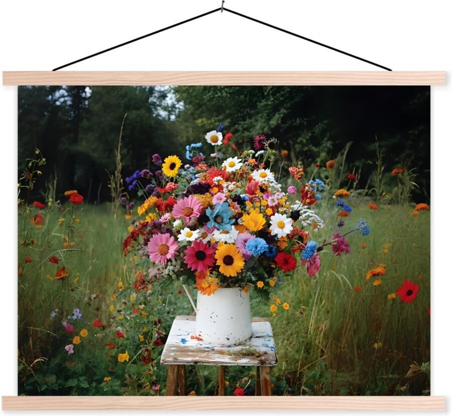 TextilePosters Posterhanger incl. Poster 40x30 cm Schoolplaat Bloemen Krukje Gieter Veld Textielposter Blanke latten