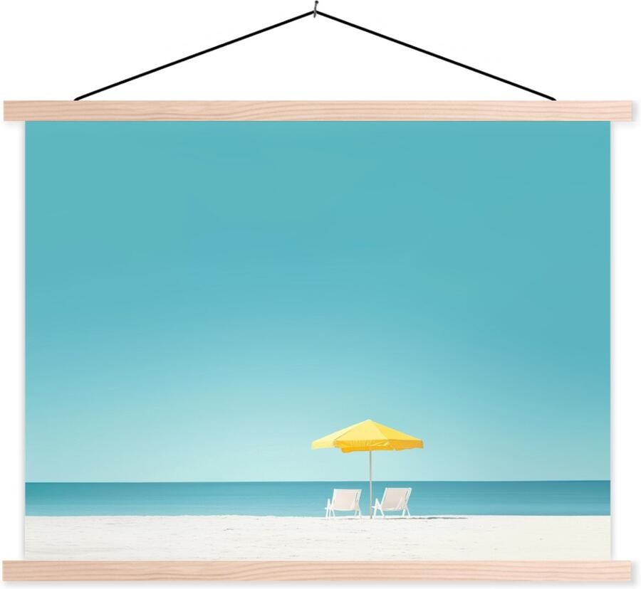 TextilePosters Posterhanger incl. Poster 120x90 cm Schoolplaat Strand Blauwe lucht Geel Parasol Textielposter Blanke latten