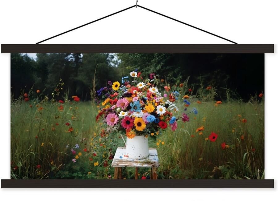TextilePosters Posterhanger incl. Poster 120x60 cm Schoolplaat Bloemen Krukje Gieter Veld Textielposter Zwarte latten