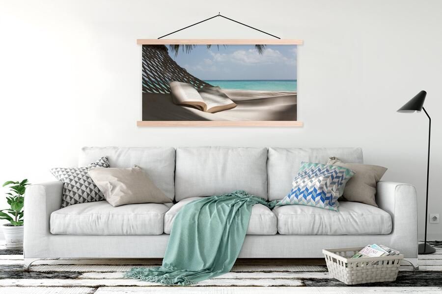 TextilePosters Posterhanger incl. Poster 150x75 cm Schoolplaat Hangmat Boek Strand Textielposter Blanke latten - Foto 2
