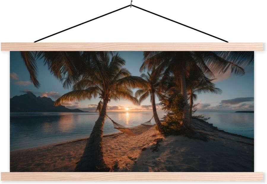 TextilePosters Posterhanger incl. Poster 120x60 cm Schoolplaat Palmbomen Hangmat Strand Zonsondergang Textielposter Blanke latten